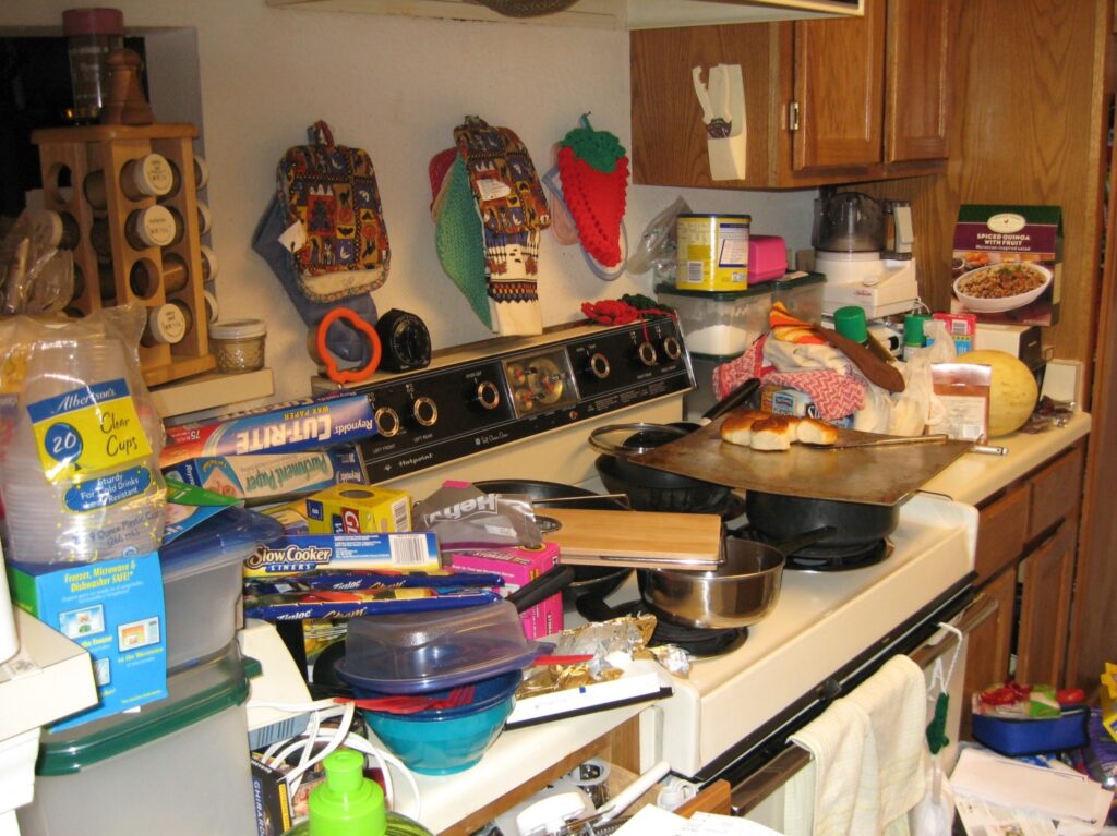 cluttered kitchen top