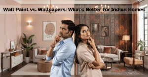 A man and woman confuse about choosing the wall paint vs. wallpaper for their home