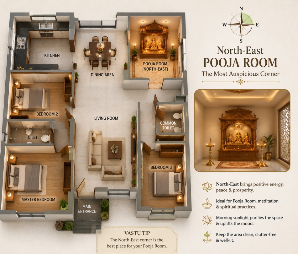 North-East Pooja room placement in a modern Indian apartment — Vastu-compliant interior design