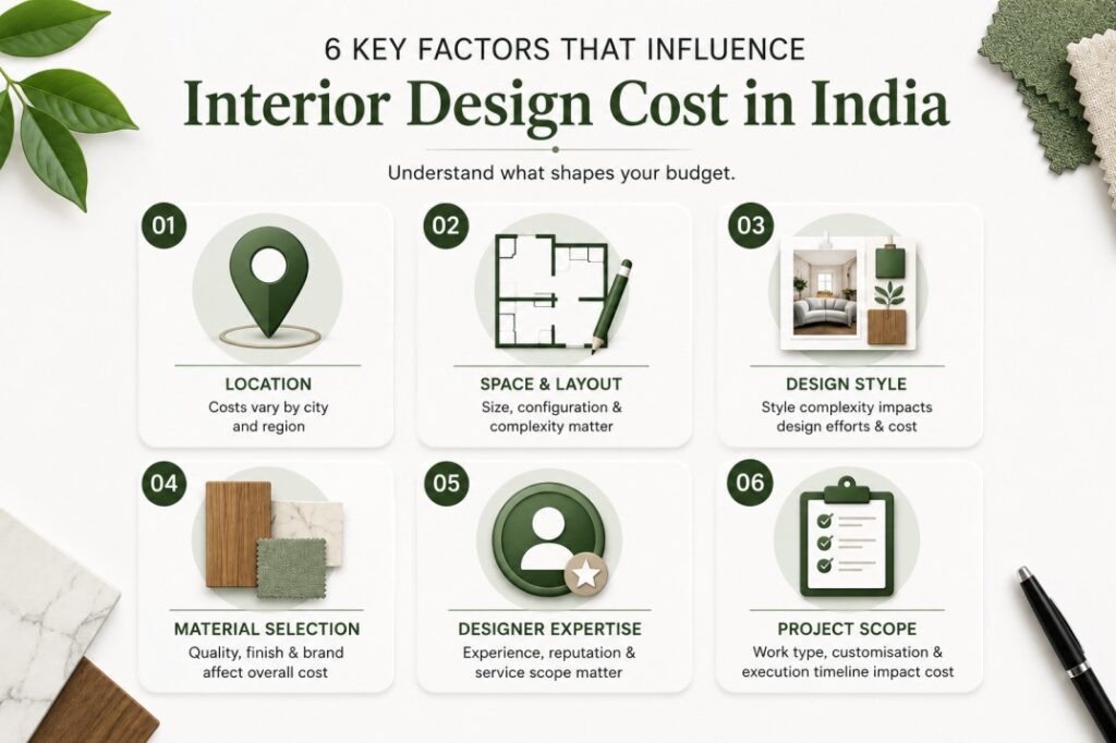 Infographic showing six factors that influence the cost of interior designing in India including location, space size, materials, and designer experience
