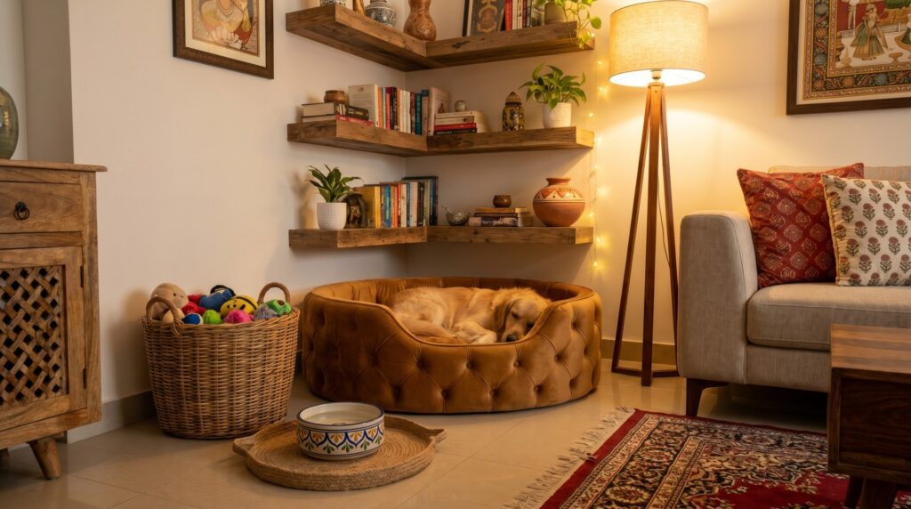 Dedicated pet corner with a stylish dog bed and wicker storage basket in a modern living room