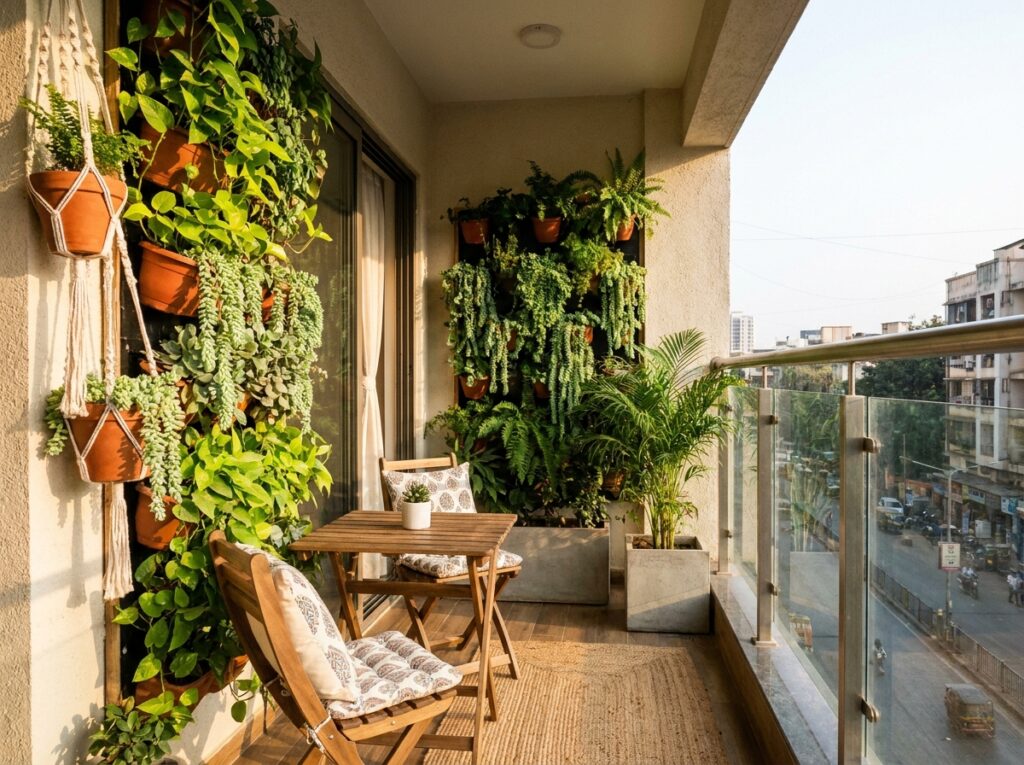 Vertical garden setup on a modern apartment balcony