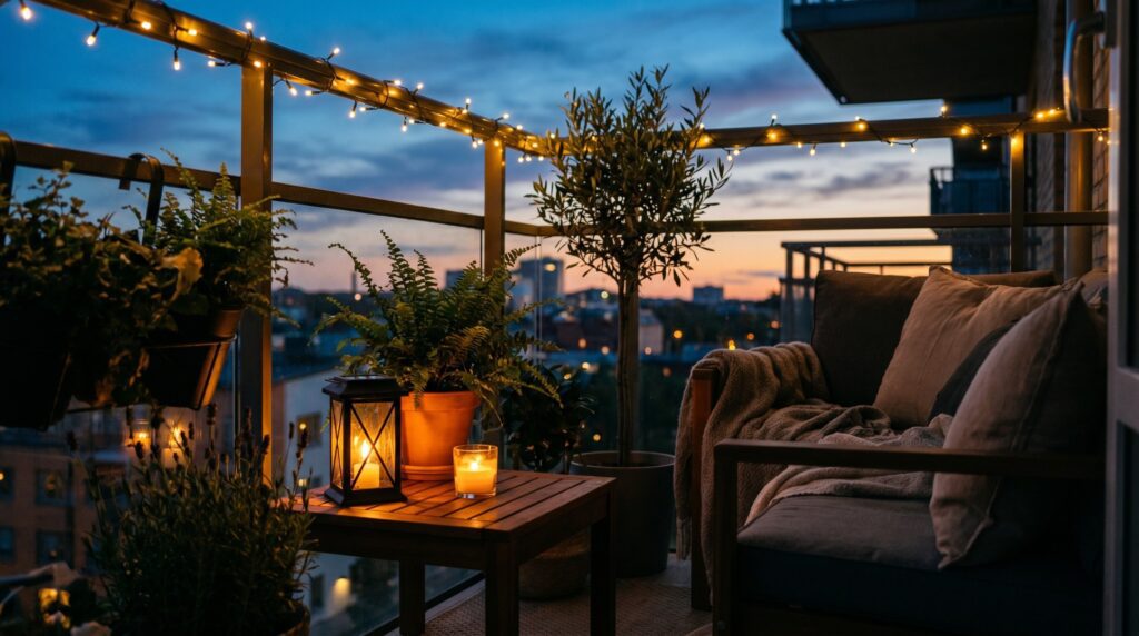 Balcony lighting ideas for a cozy evening retreat — string lights and solar lanterns for small Indian apartment balconies — Furnofy