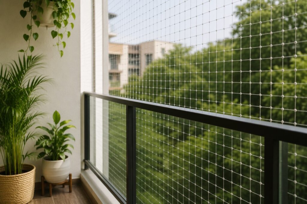 Pet-safe balcony railing with transparent mesh net to prevent cats and dogs from escaping
