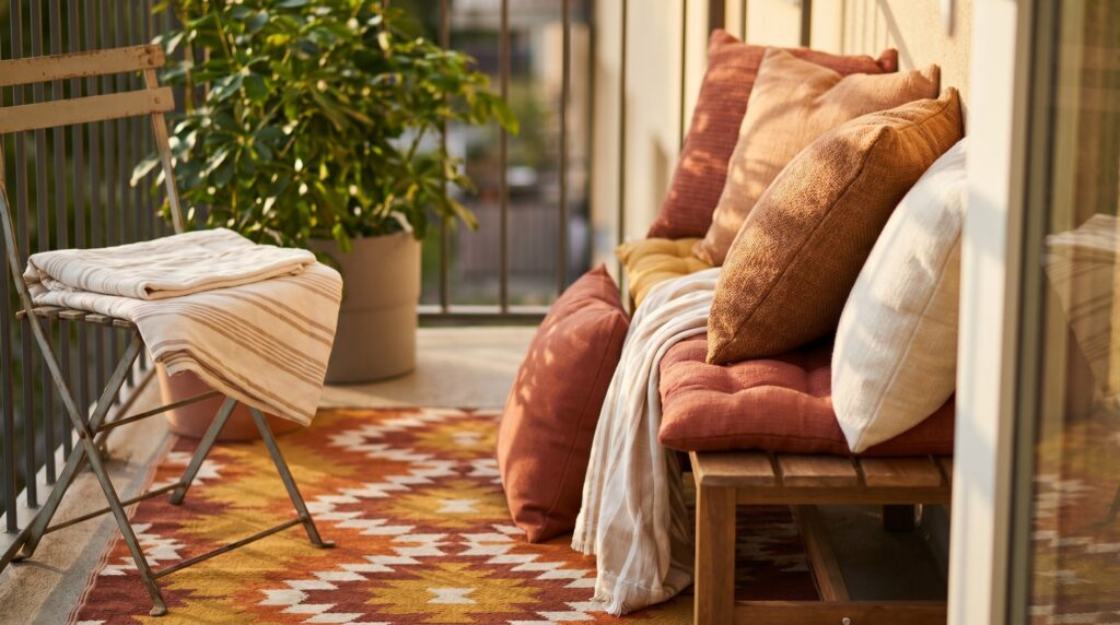 Outdoor rugs, cushions, and textiles for cozy small balcony design — Furnofy home decor ideas