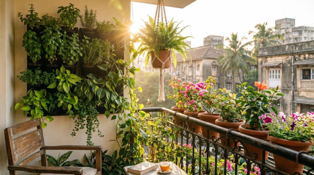 Balcony garden ideas for small Indian apartments — vertical planters, hanging pots, and herbs — Furnofy home design