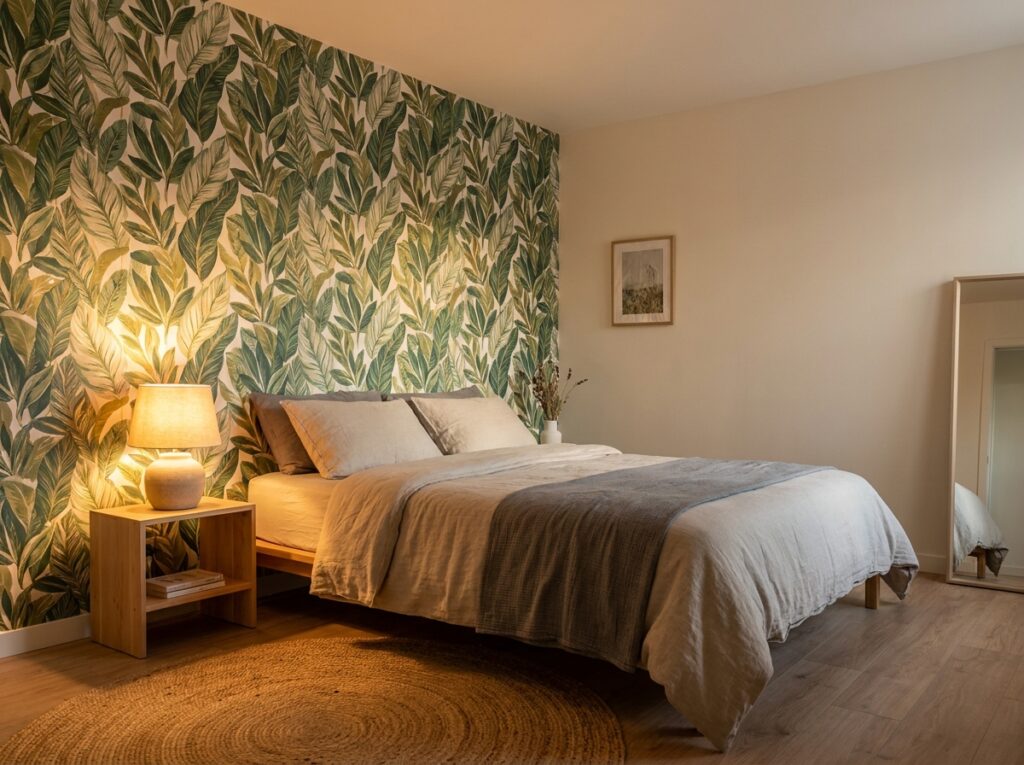 Rental bedroom with peel-and-stick botanical removable wallpaper on accent wall — renter-friendly decorating idea
