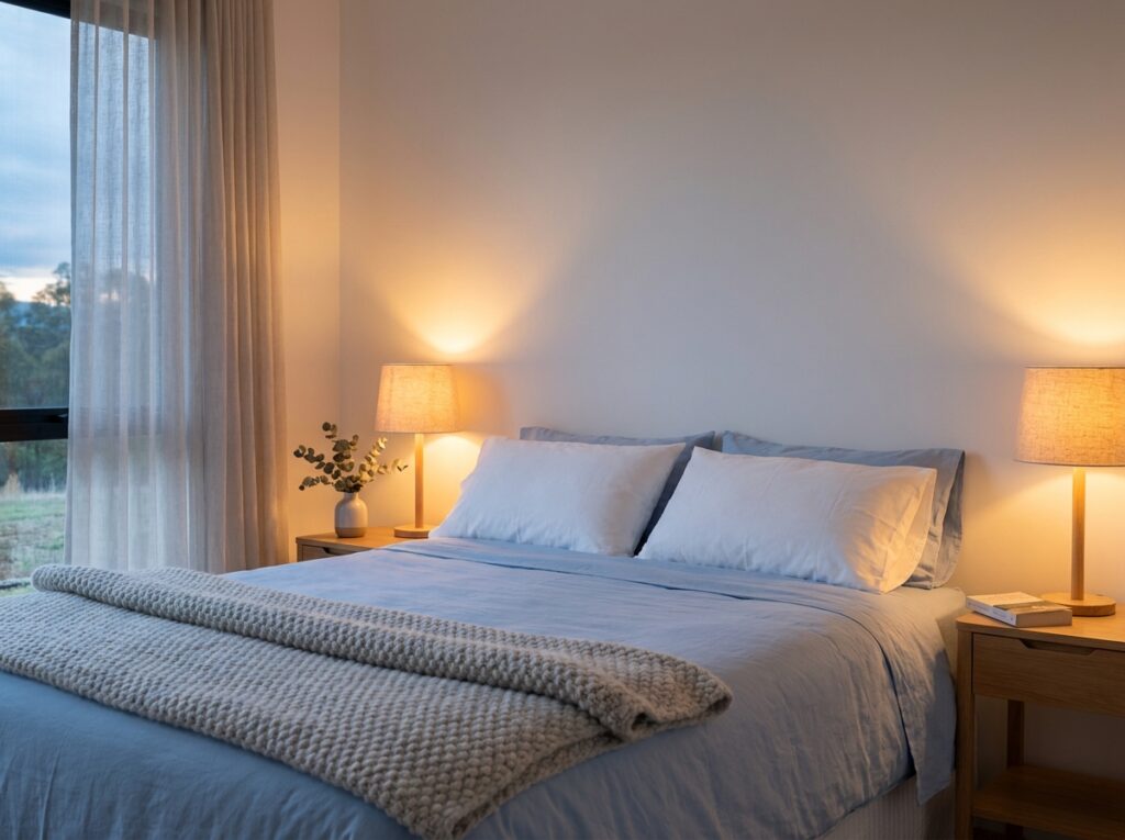 Soft powder blue bedsheets on a minimal bed — the best bedsheet color for deep, restful sleep