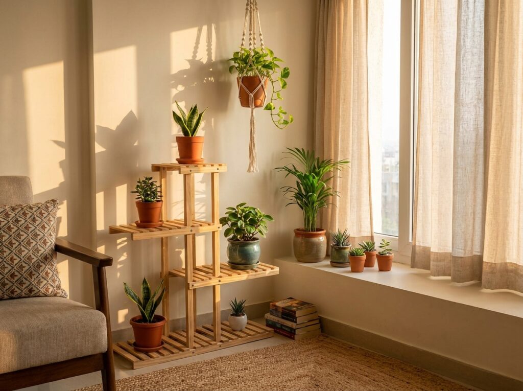 Indoor plants in terracotta pots placed near a sunny window in a rental apartment — renter-friendly decorating idea