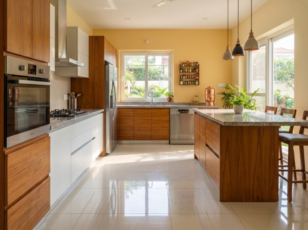 Glossy ceramic tiles on the floor of an Indian kitchen — affordable and easy to maintain