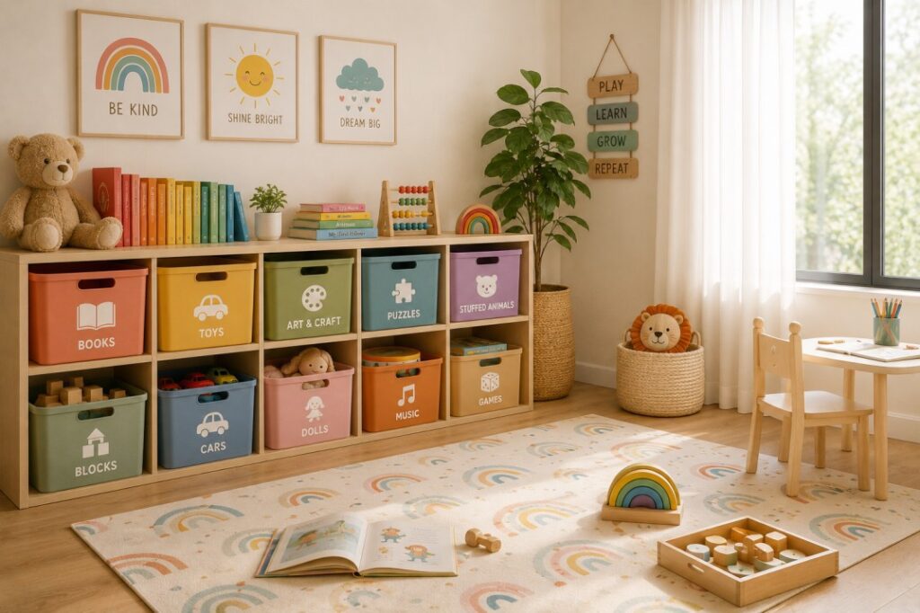 Smart and colourful storage solutions for a child-friendly kids room — Furnofy home organisation tips