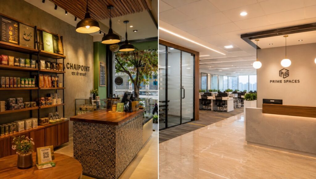 Commercial interior design cost in India — café and corporate office interior examples showing range of commercial space design pricing