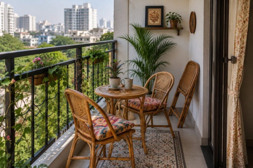 Compact furniture ideas for small balcony design — bistro set and foldable chairs for Indian apartment balconies — Furnofy