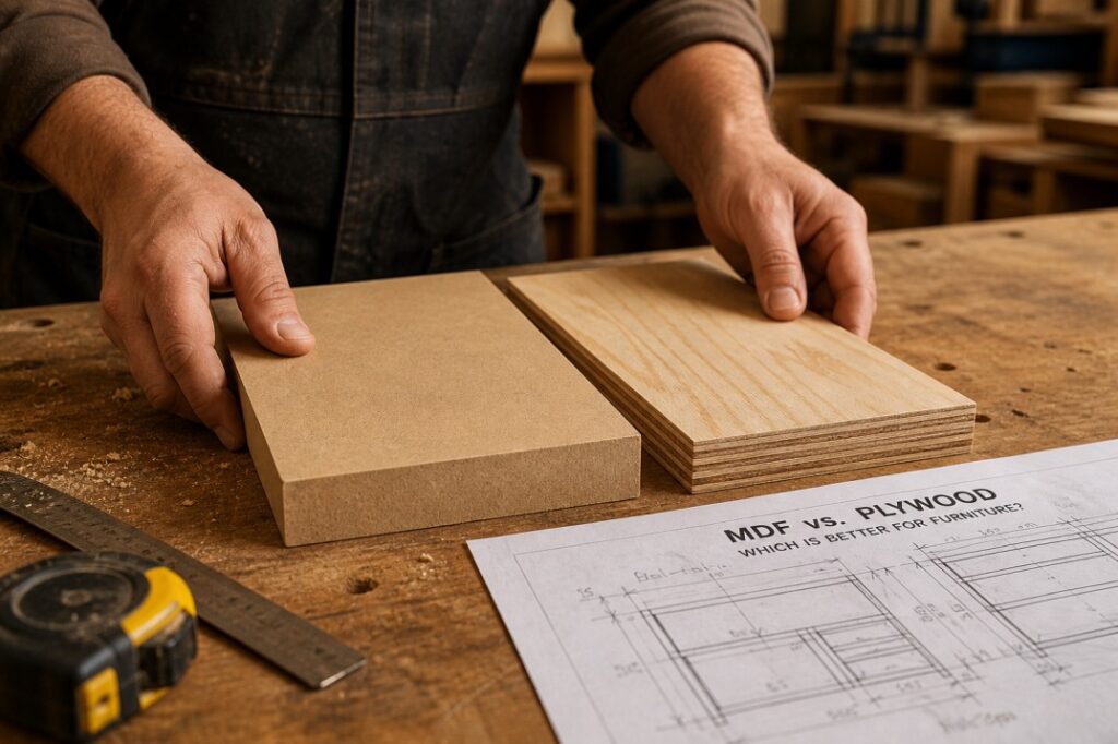 Carpenter comparing MDF and plywood material samples on a workbench