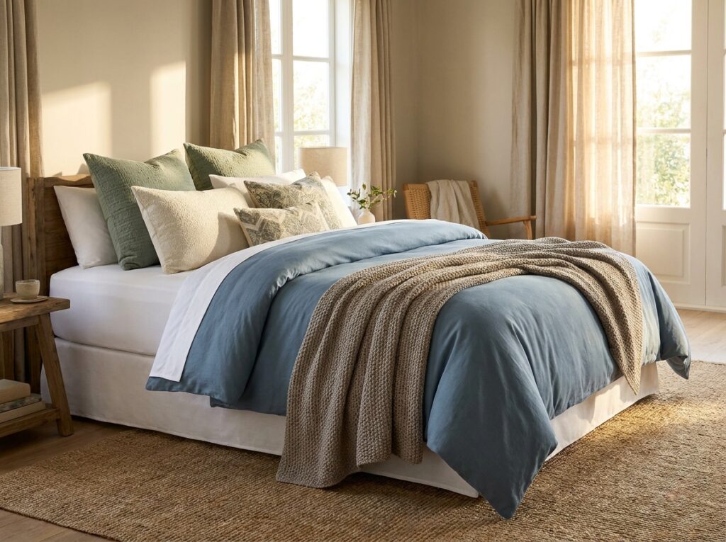 Coordinated bedroom bedding in blue, sage green and cream — how to style calming bedsheet colors for better sleep