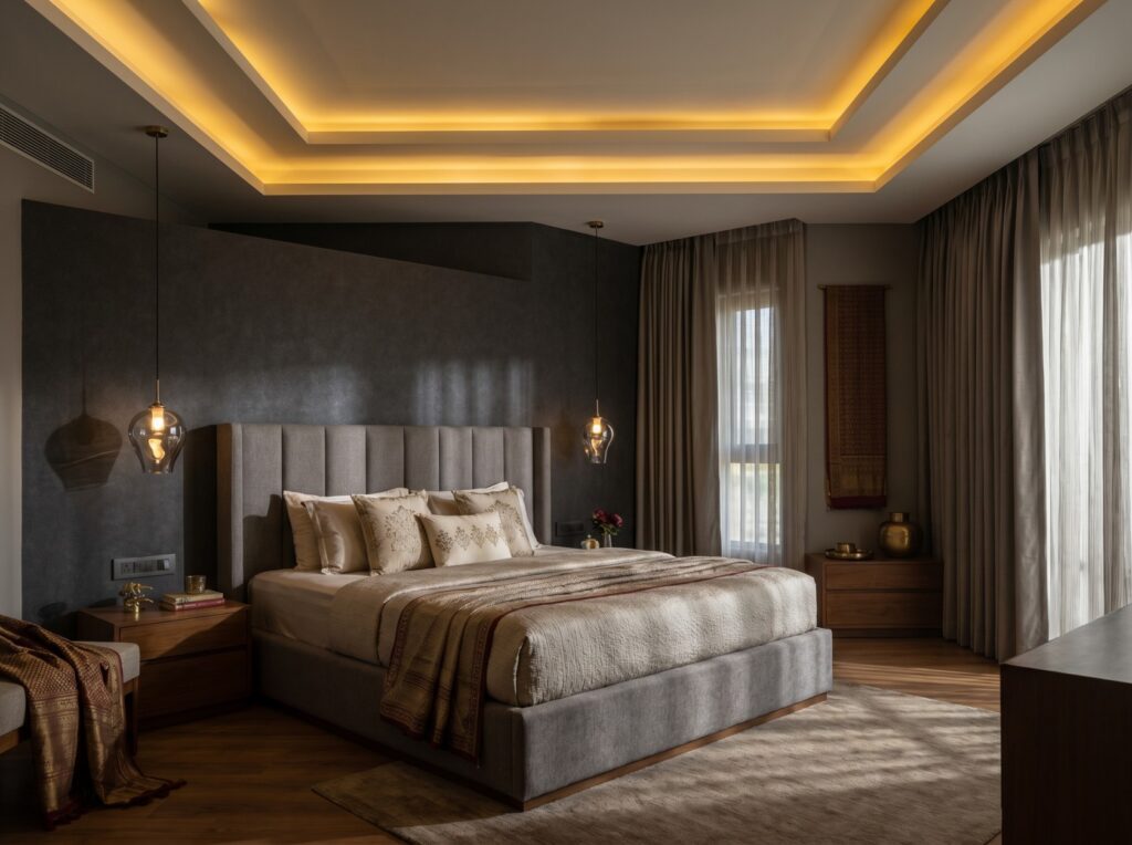 Cove lighting false ceiling design in a modern Indian master bedroom — warm ambient glow