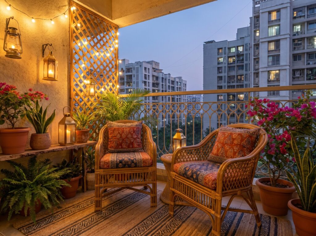 Cozy balcony seating corner with plants and warm decor