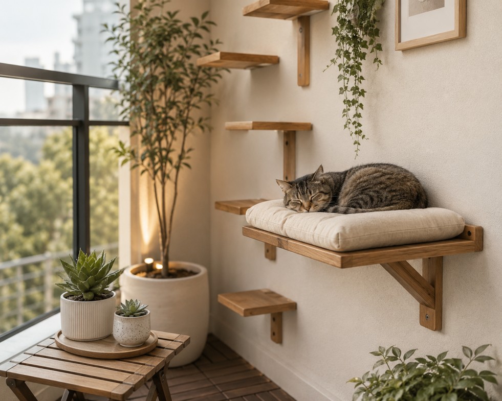 A cat resting on a mounted wooden shelf in a cozy pet-friendly balcony corner styled with Furnofy furniture