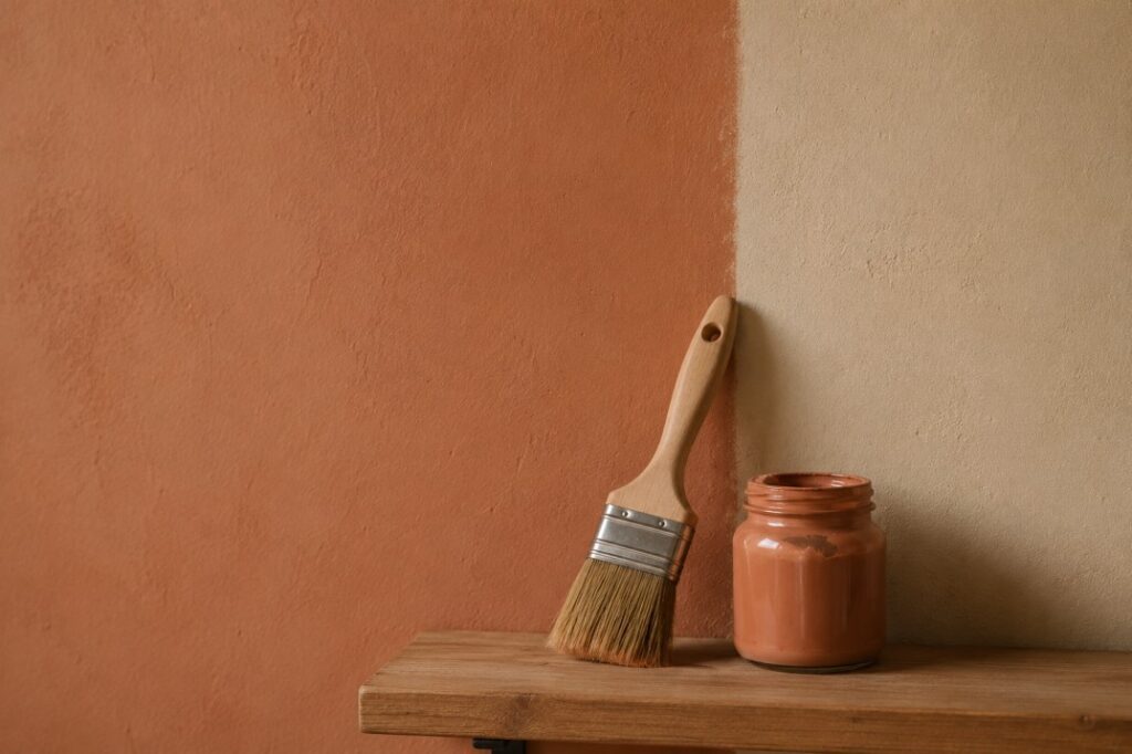Low-VOC natural clay paint on an interior wall — eco-friendly finishing material for sustainable homes