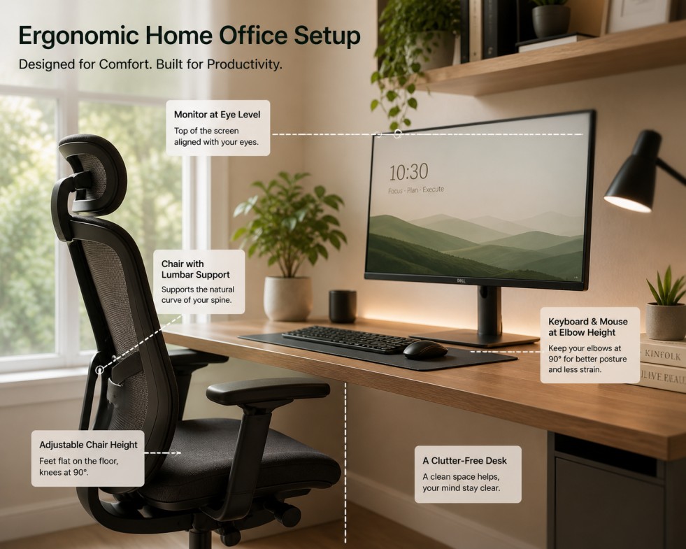 Ergonomic home office furniture setup with adjustable chair and desk — Furnofy interior design tips
