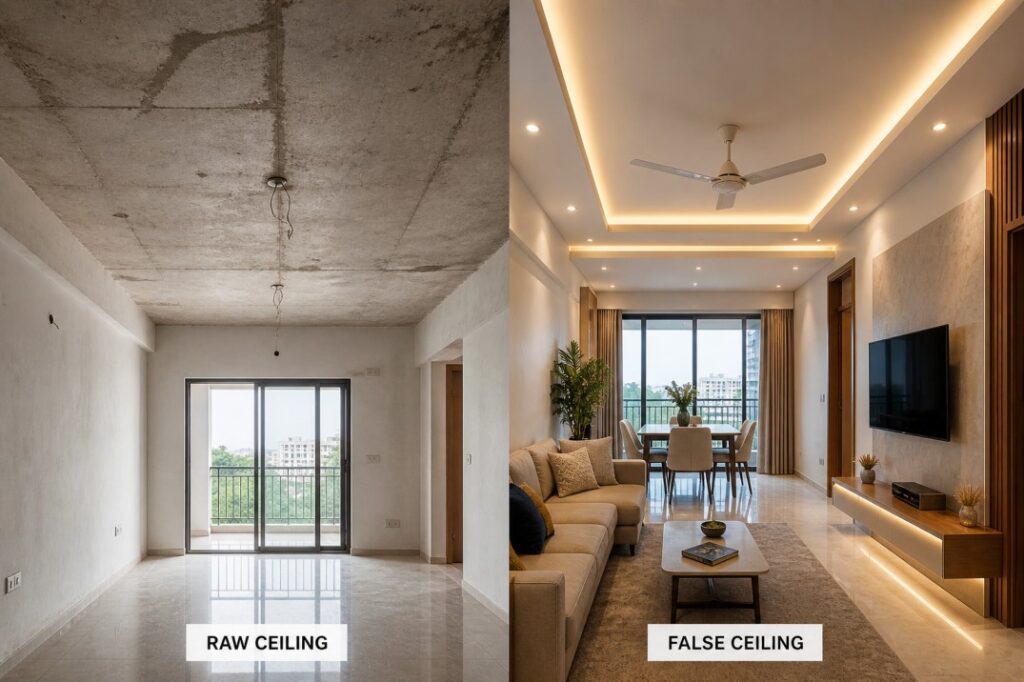 Before and after comparison of a plain ceiling versus a modern false ceiling design with LED lighting in an Indian home
