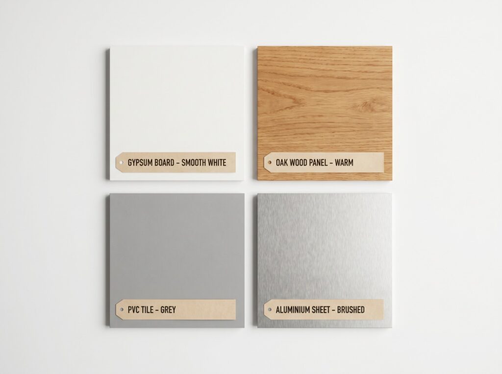 Different false ceiling materials — gypsum, wood, PVC, and metal — for modern Indian homes