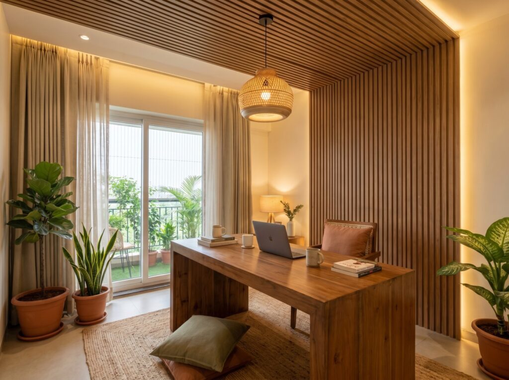 Faux wooden slatted false ceiling design in a modern Indian home office — warm and natural aesthetic