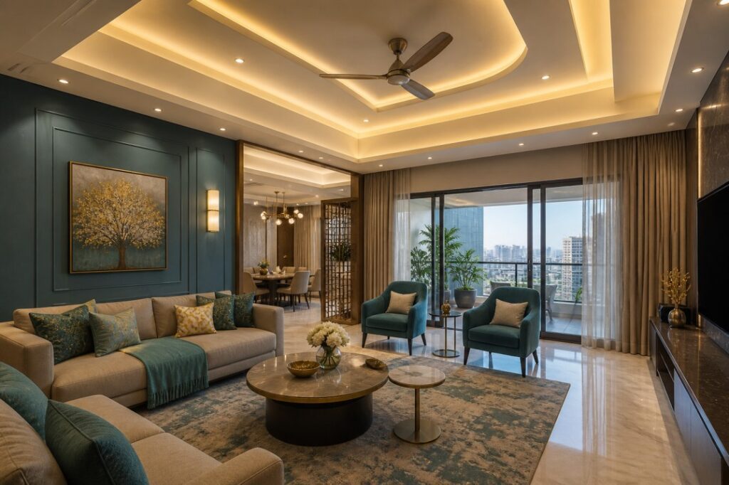 False ceiling design for a modern Indian home by Furnofy — living room interior with cove and LED lighting