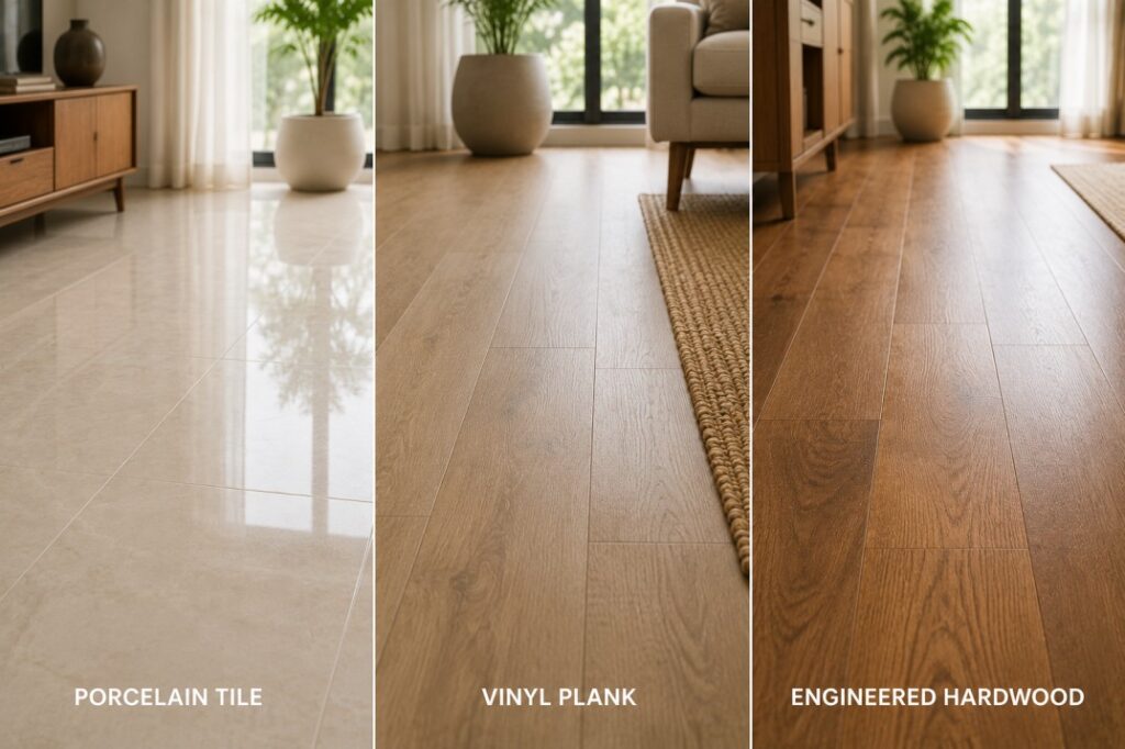 Best durable flooring options for Indian homes — porcelain tile, vinyl plank, and engineered hardwood comparison — Furnofy