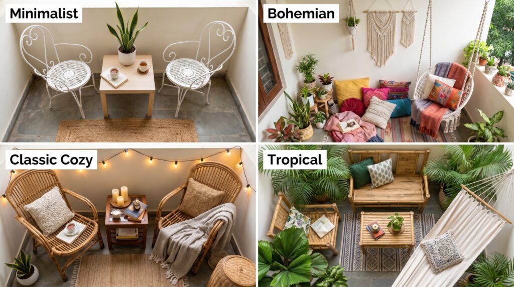 Four small balcony design styles — minimalist, bohemian, classic, and tropical — for Indian apartment balconies — Furnofy