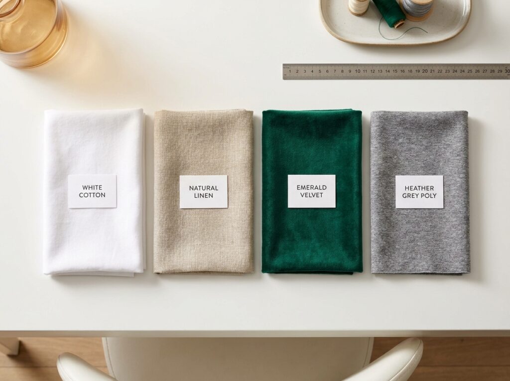 Fabric upholstery swatches for sofas – cotton, linen, velvet and polyester options by Furnofy