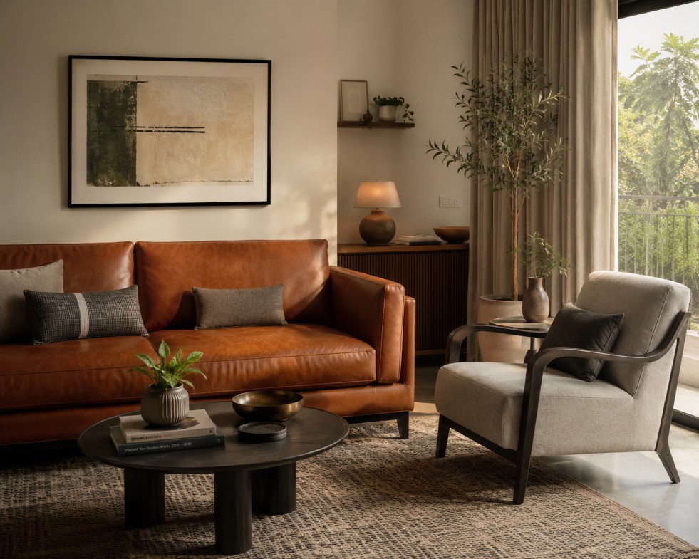 Durable upholstery options for Indian homes — leather sofa and performance fabric chair — Furnofy interior design