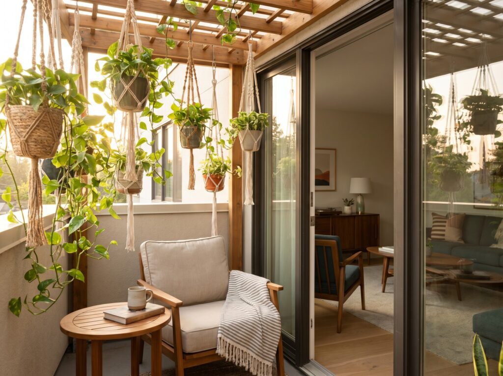 Hanging planters with trailing greenery on balcony