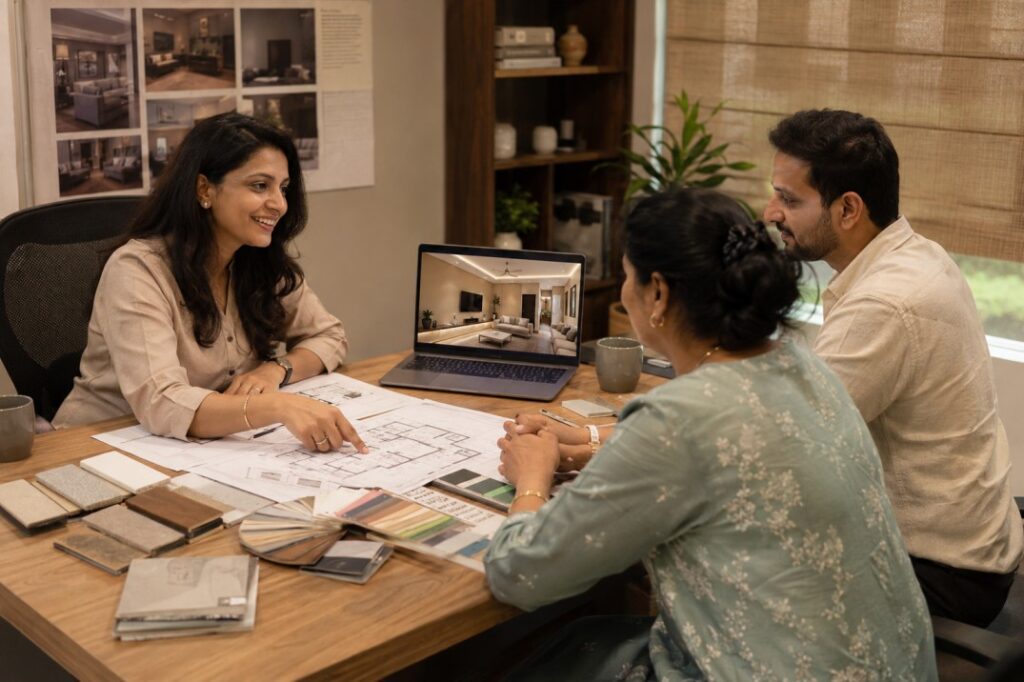 Interior designer consulting homeowner couple in India reviewing material swatches and 3D design plan — interior designing cost consultation