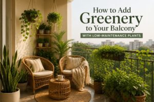 Small apartment balcony styled with low-maintenance plants and cozy seating
