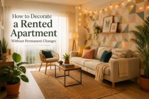 Bright rental apartment living room decorated with removable wallpaper, potted plants, and string lights — no permanent changes
