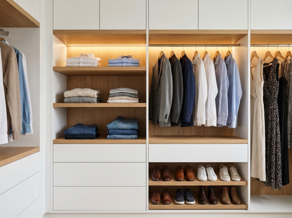 Interior view of a well-organized modern wardrobe with shelves, hanging rails, and drawers