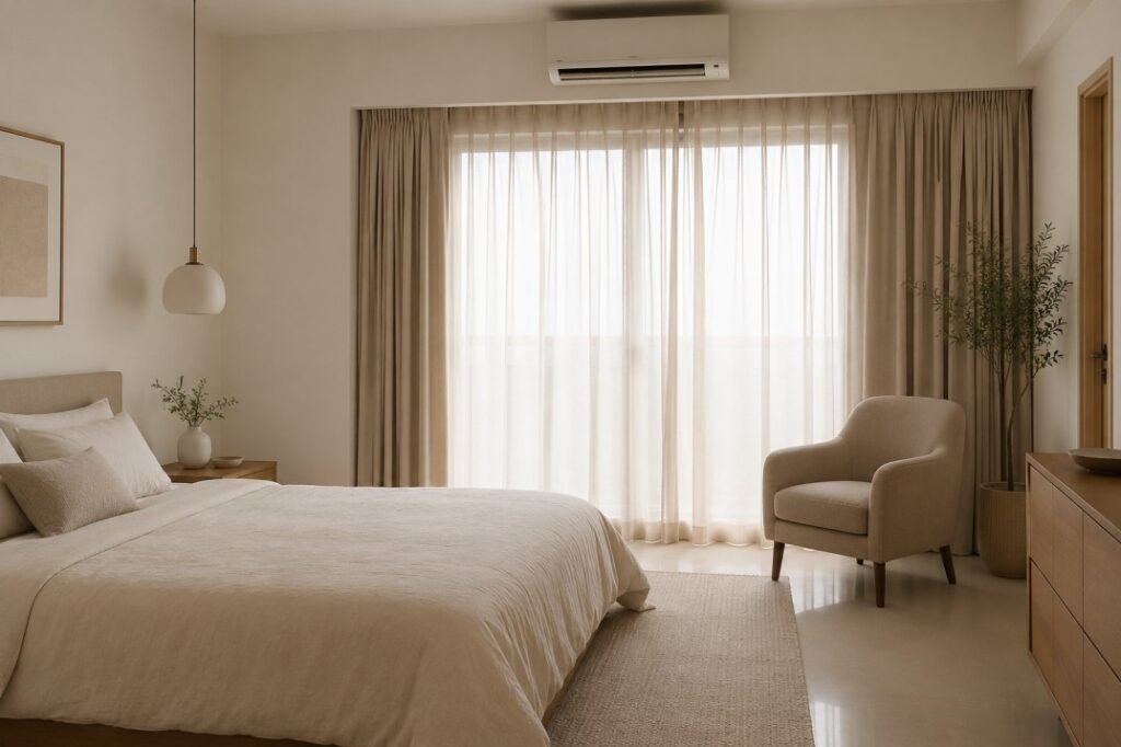 Minimalist bedroom with neutral white, beige, and warm grey colour palette — minimalist interior design India