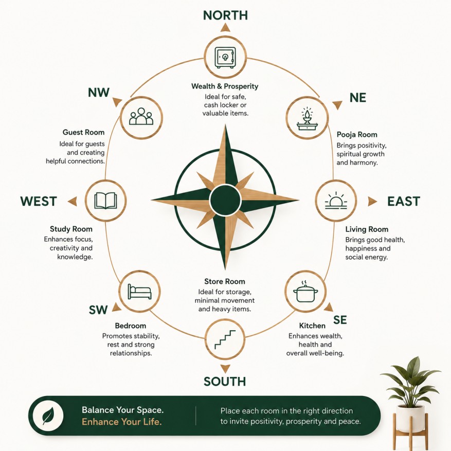 Vastu direction chart for home interiors showing ideal room placement for each cardinal and diagonal direction in a Vastu-compliant home
