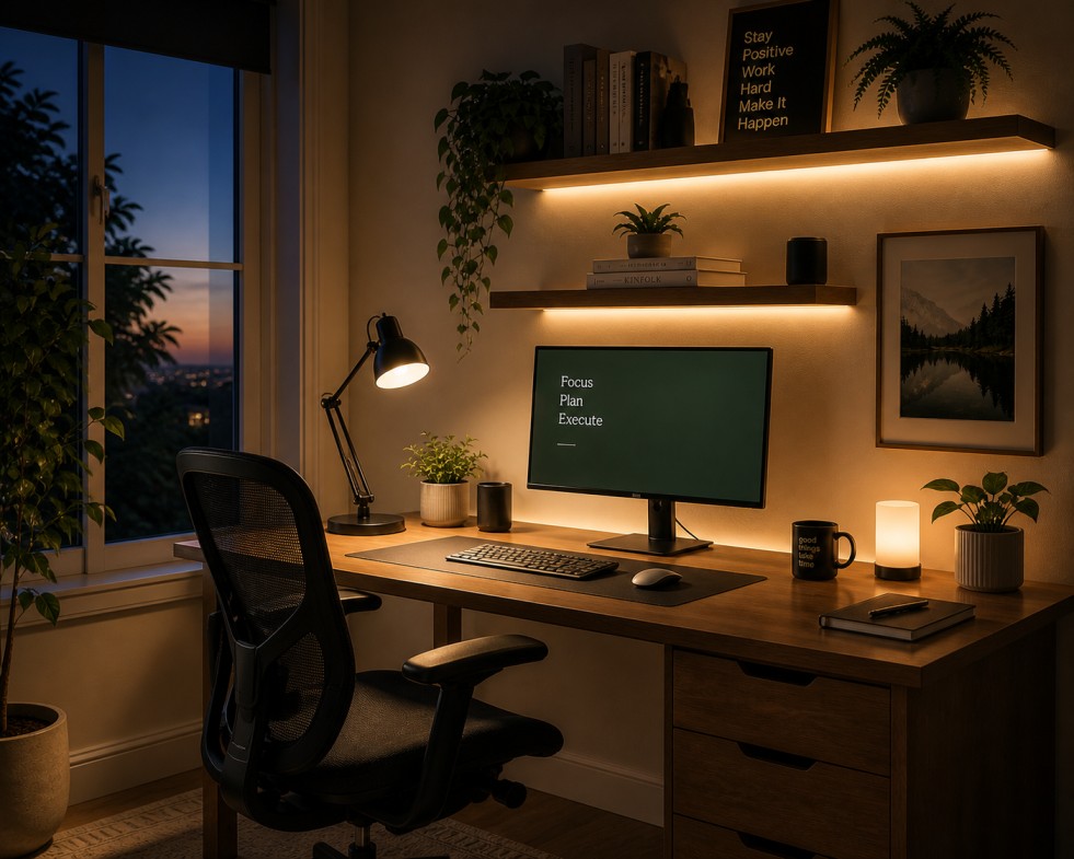 Layered lighting in a home office with natural light and task lamp — Furnofy design guide