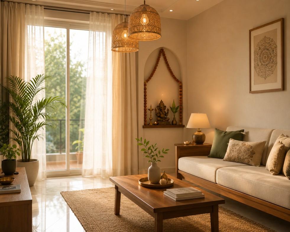 Vastu-compliant Indian living room with natural light from East-facing windows, warm artificial lighting, and indoor plants for positive energy