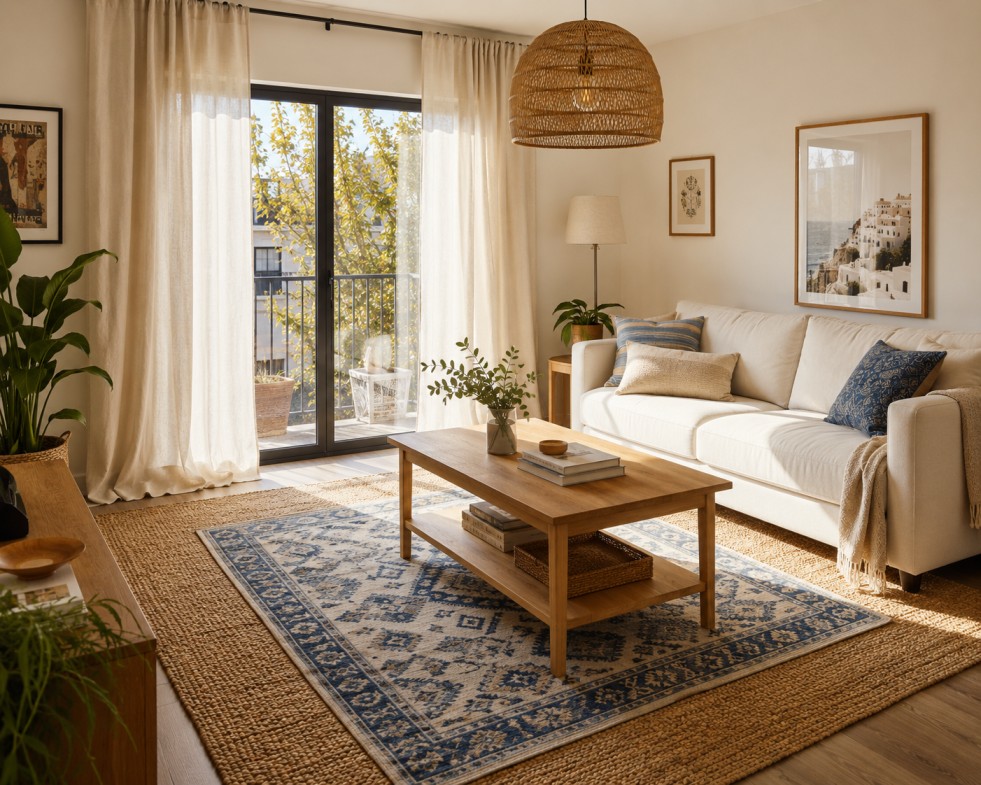 Stylish rugs and curtains for rental property interior design