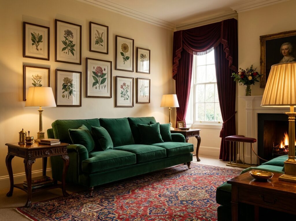  Deep emerald velvet sofa in a traditional classic living room – upholstery style guide by Furnofy