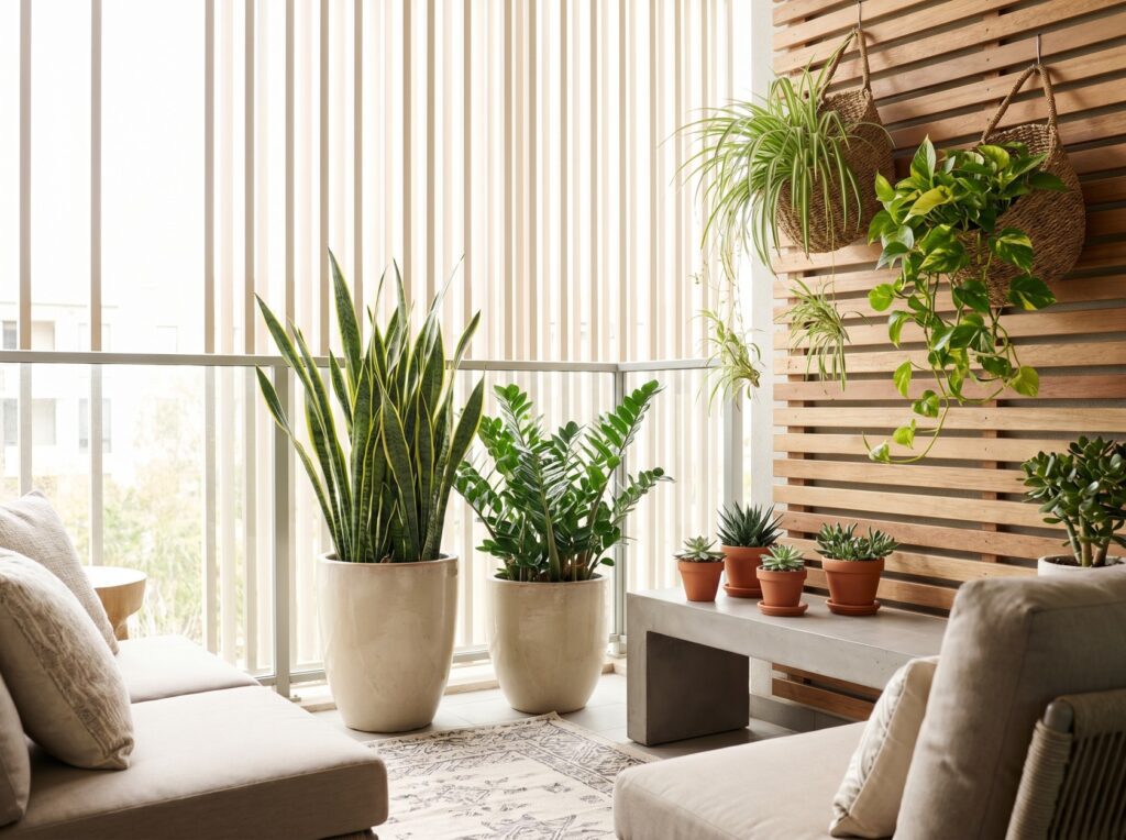 Low-maintenance plants arranged on apartment balcony