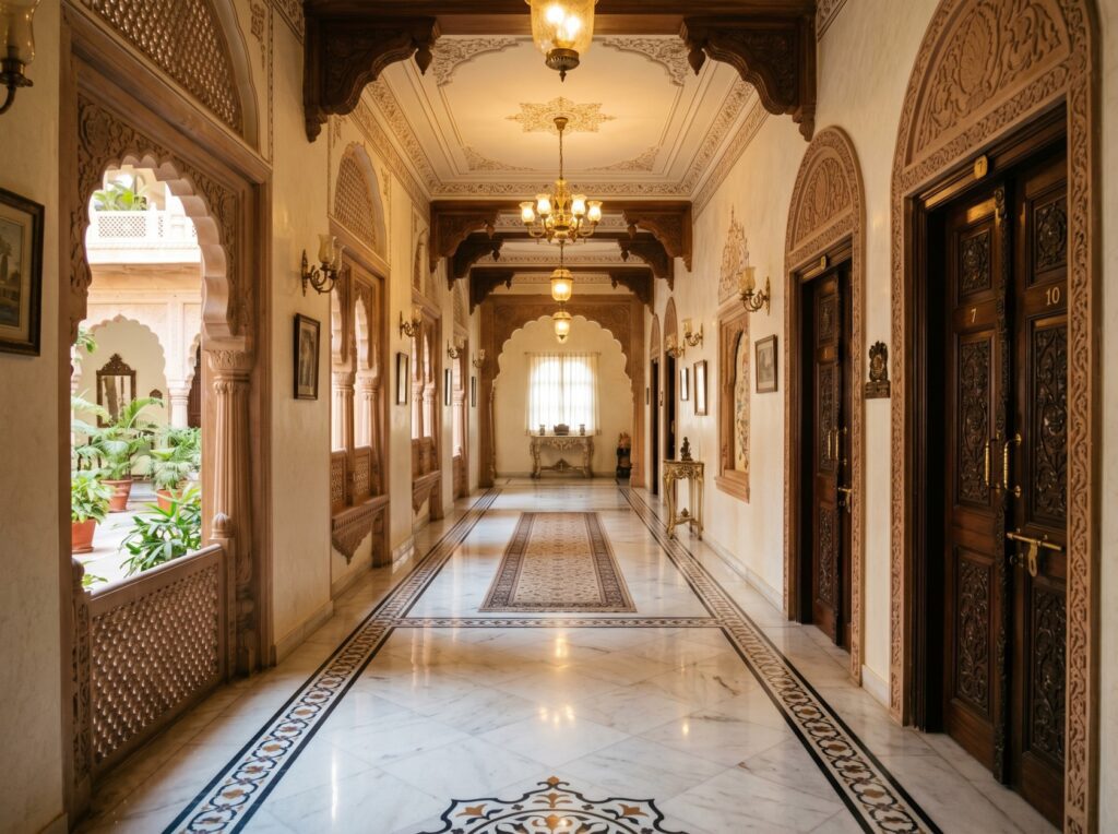 White marble flooring in a traditional Indian home hallway — elegant and timeless