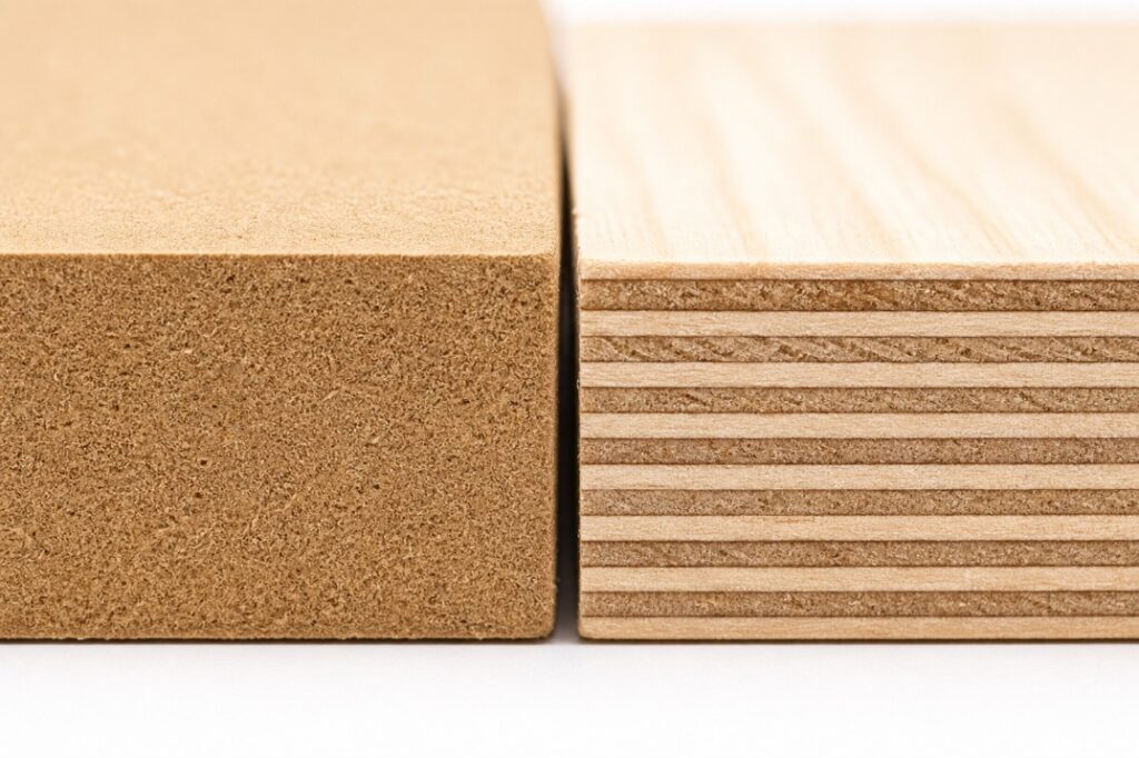Close-up comparison of MDF fiber texture and plywood cross-section layers