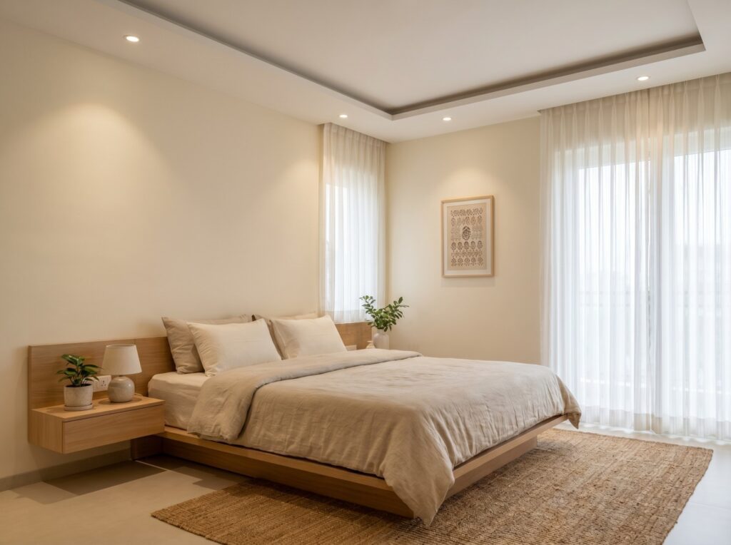 Minimalistic false ceiling design with recessed LED lighting in a modern Indian bedroom