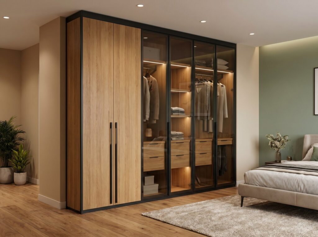 2026 wardrobe trend – mixed-material bedroom wardrobe with warm oak, smoked glass panels and matte black metal handles by Furnofy