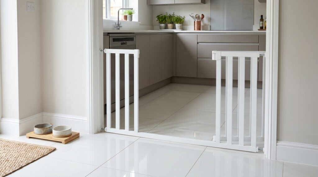 Pet-safe kitchen with a baby gate and an organised feeding station for dogs or cats