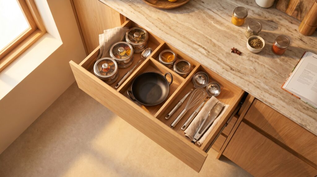 Modular kitchen pull-out drawer organising Indian spice containers and cookware